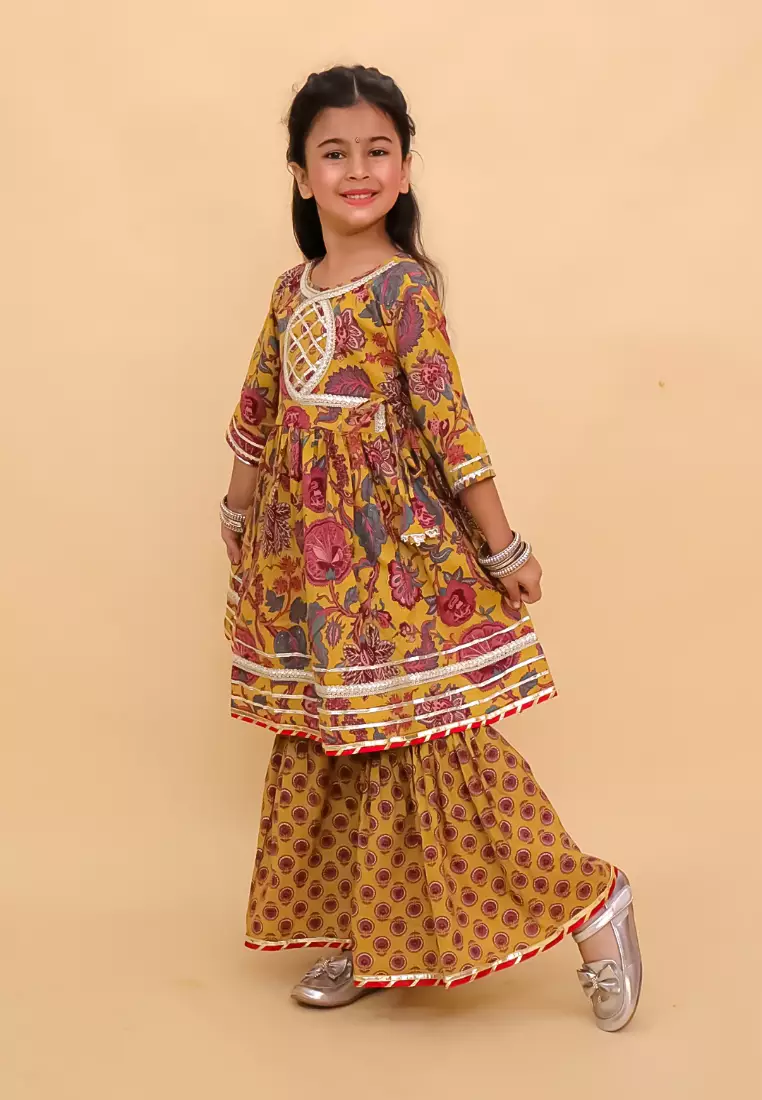 The Mom Store Peele Phool Block Print Girls Anarkali Sharara Set - Multi