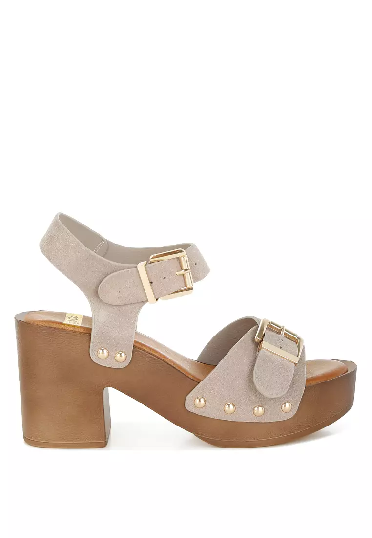 Real Suede Leather Clog Sandals In Beige