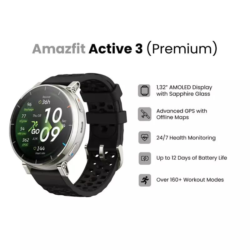 Jam Tangan Unisex Amazfit Active 3 Premium A2559-SILVER Smartwatch 45mm AMOLED Apex Silver Black Silicone Strap