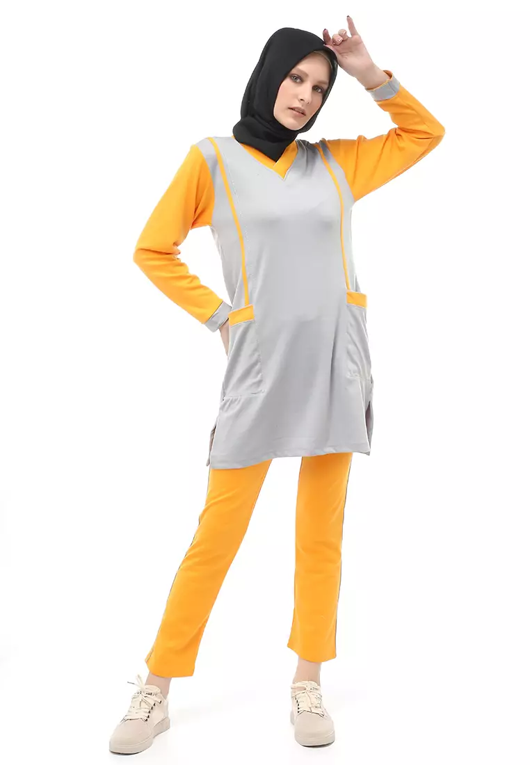 Kalila Baju Olahraga Atasan Bawahan Tunik Wanita Muslimah Relaxed Fit - GreyYellow