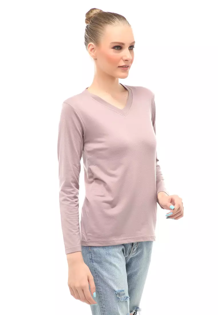 Kaos Polos Atasan Wanita V-Neck Lengan Panjang Design Simple Relaxed Fit - Mocca