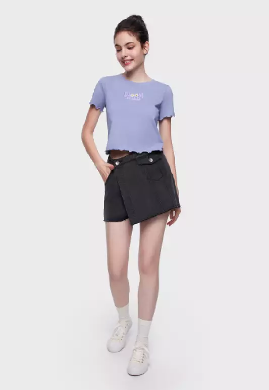 VANNA COTTON SHORT SLEEVE CREW NECK CROPPED TEE EMBROIDERY FOR WOMAN GIRL RUFFLE SLEEVES CROP TOP TP10359
