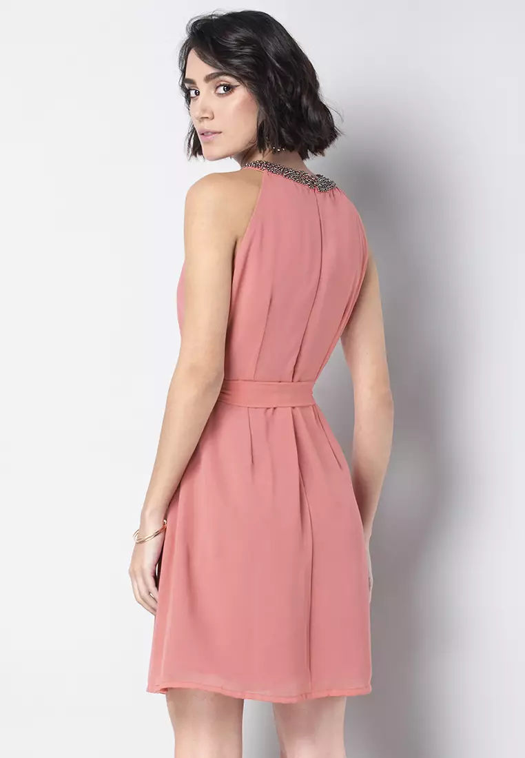 Pink Embellished Neck A-Line Dress