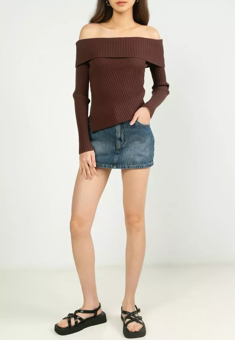 Asymmetrical Rib Off Shoulder Knit Top