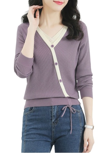 A-IN GIRLS purple Stylish V-Neck Contrast Color Knitted Sweater 3679FAA3CC2CADGS_1