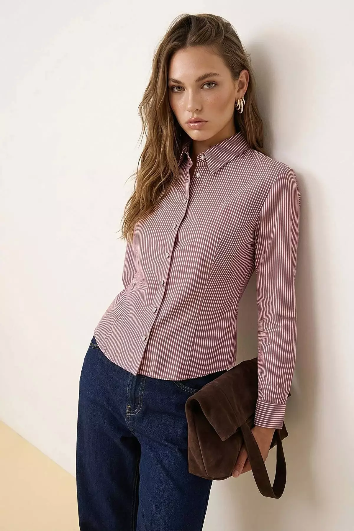 Burgundy Multi-Colored Striped Silver Button Detailed Waist Fitted Padded Shirt Twoaw26Go64