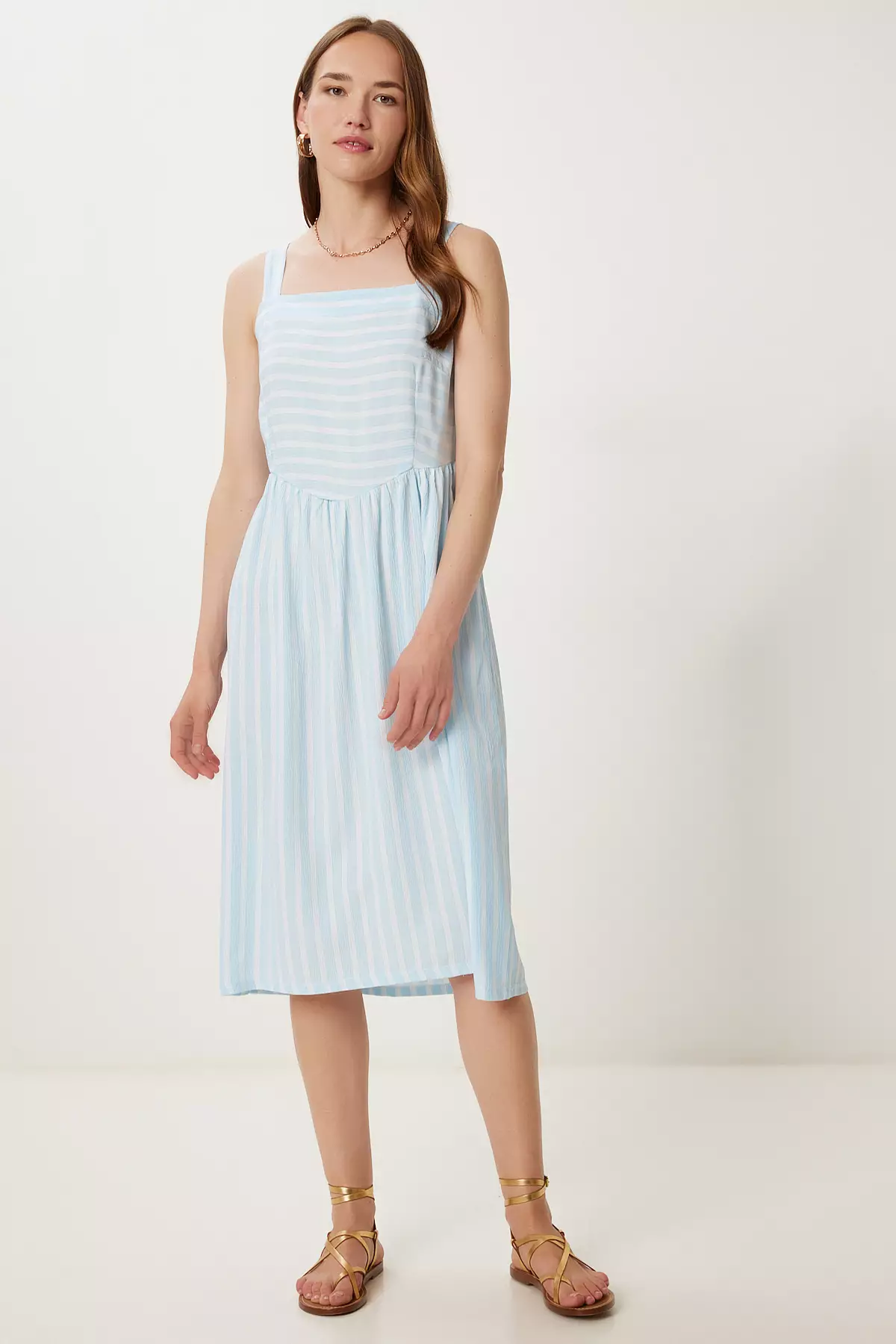 Women's Sky Blue Strap Striped Summer Crinkle Dress Tp00054