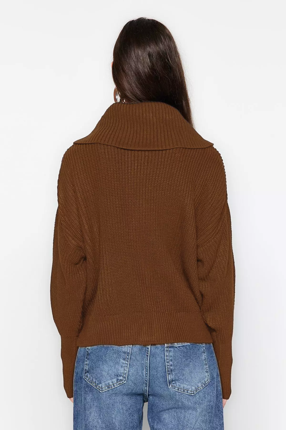 Light Brown Wide Fit Turn Down Collar Zipper Knitwear Cardigan