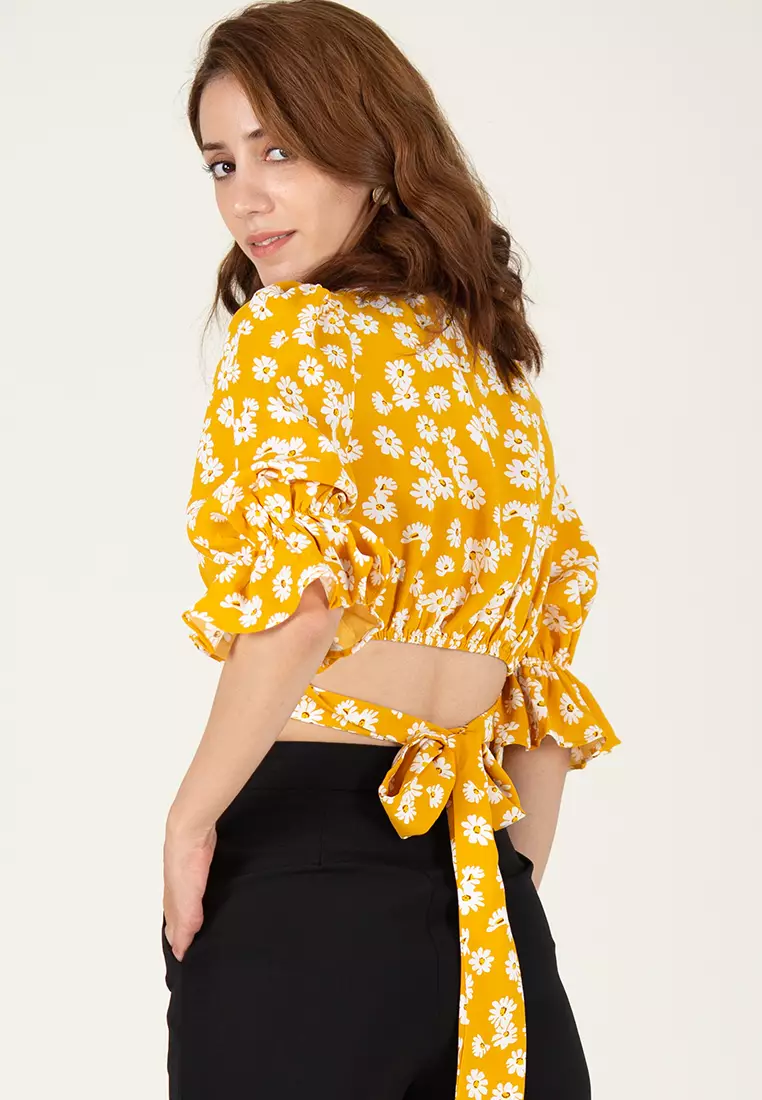 Yellow floral tie front top on sale