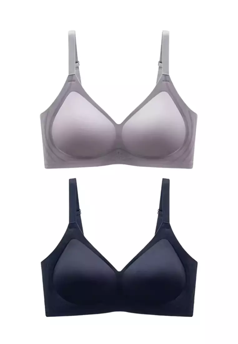 2 Pack Premium Blakely Seamless Wireless Padded Push Up Bra in Grey and Black
