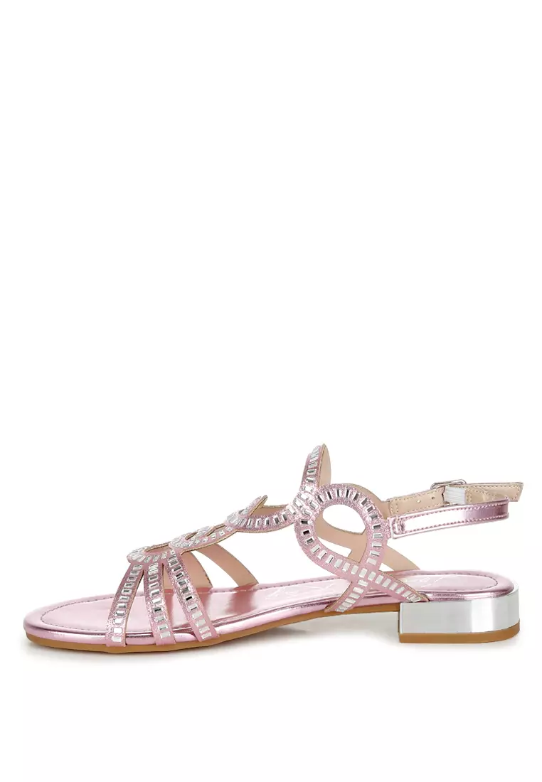 Sandal Datar Berlian Imitasi Detail Potongan Warna Pink