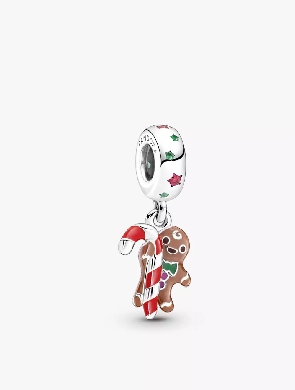 Ginger bread man with candy cane sterling silver dangle with spectra green crystal, red cubic zirconia, red, pink, brown and green enamel