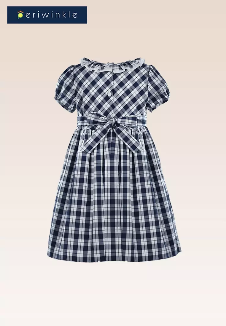 Nika Girls Navy Plaid Smock and Ruffles at Neck Dress