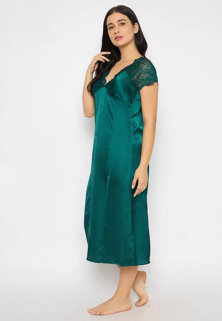 Clovia Chic Basic Padded Night Dress in Dark Green - Satin