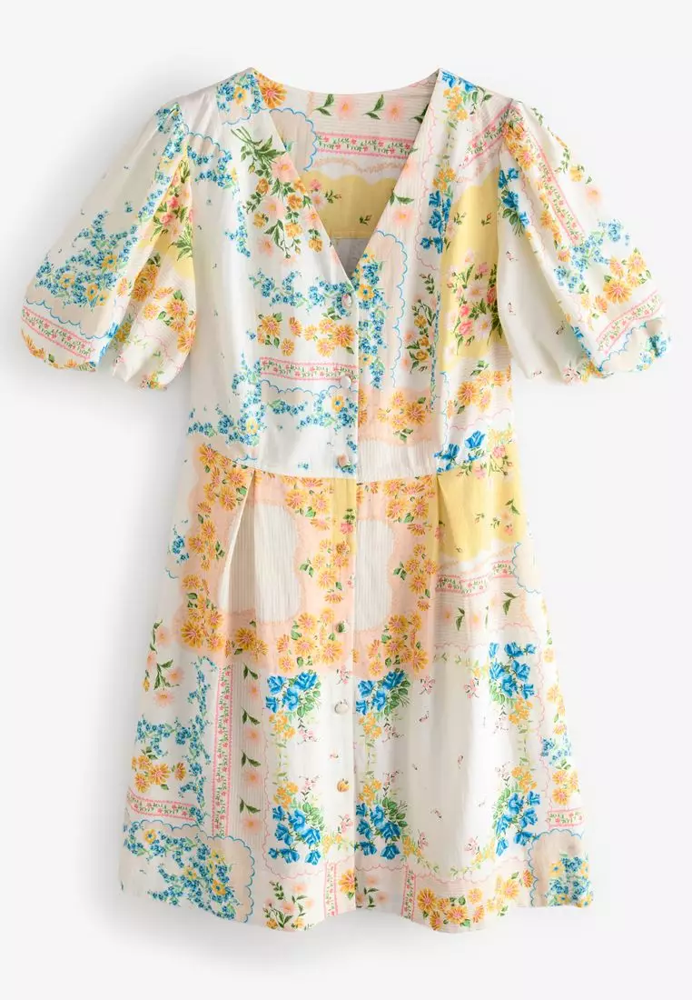 V-Neck Puff Sleeve Mini Dress with Linen