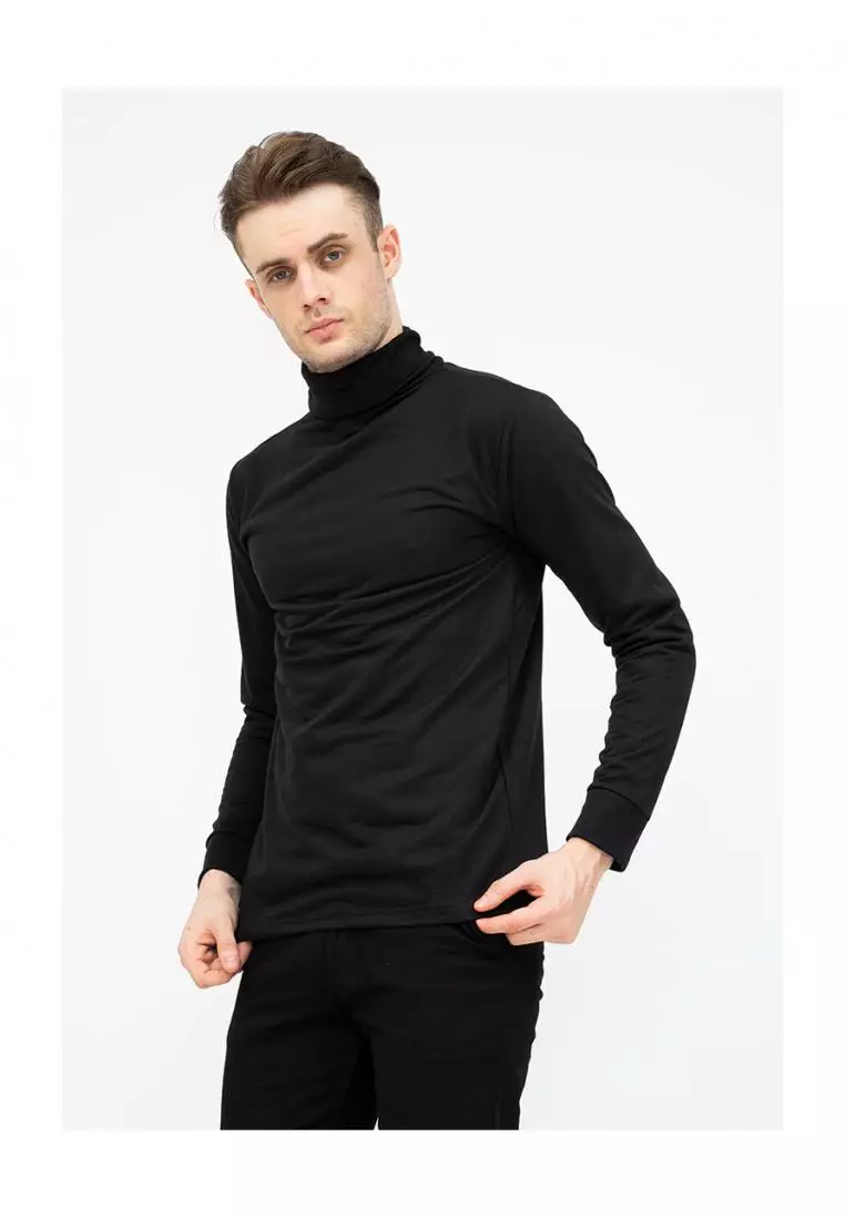 Turtle Neck pria lengan panjang hitam kaos kerah tinggi slim fit houseofcuff