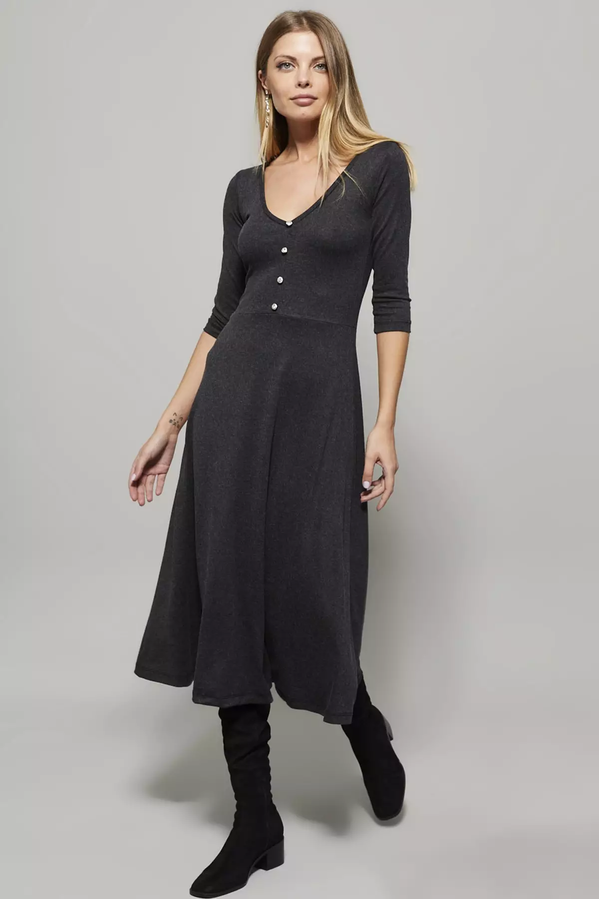 Button Accessory V-Neck Dress