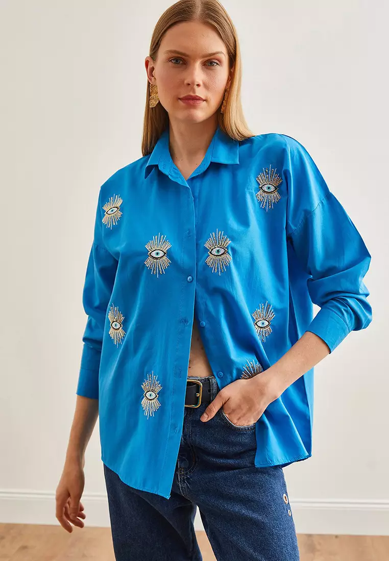 Eye Sequin Detailed Woven Boyfriend Shirt