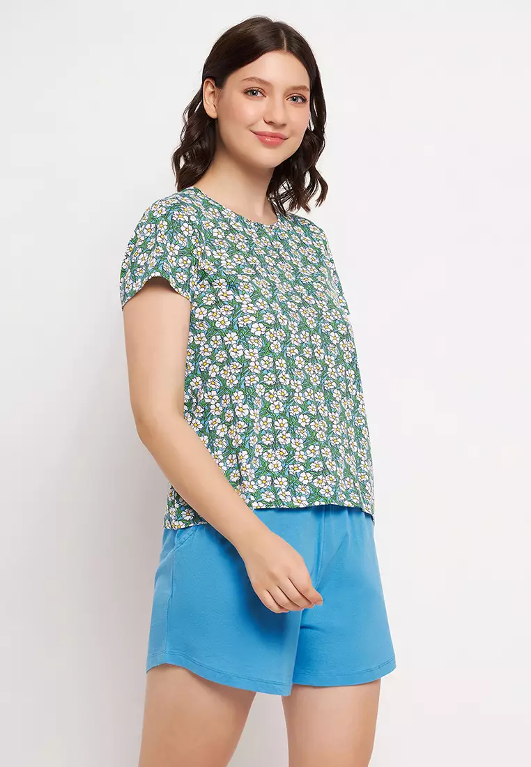 Buy Clovia Pretty Florals Top in White Chic Basic Shorts in Sky