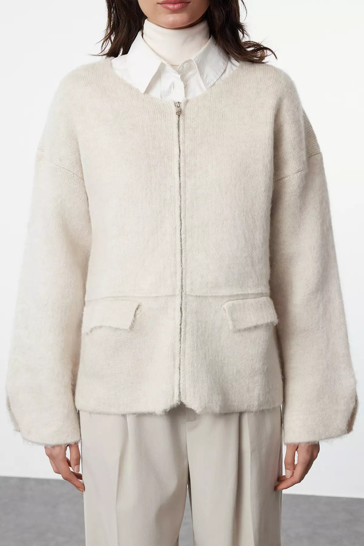 Stone Zipper Soft Textured Coat Look Knitwear Cardigan