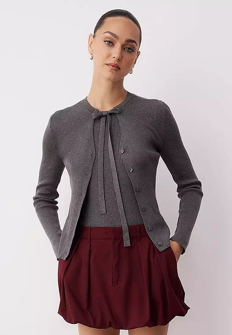 Dark Gray Mercerized-Look Collar Tie Detailed Fitted/Full-Size Knitwear Cardigan