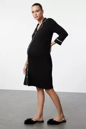 Black Shirt Collar Piping Knitted Nightgown For Pregnant And Maternity - Tbbaw25Ch00002