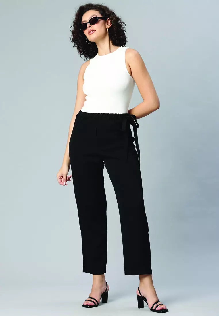 Black Solid Waist Belt Pants