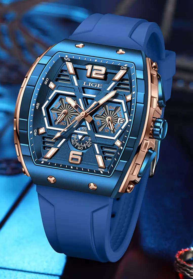 男女粉Tonneau形狀IP藍色和玫瑰金顏色石英手錶，橡膠錶帶