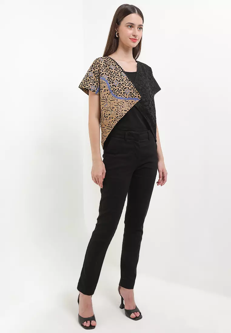 Outer Atasan Crop Top Wanita Batik Casual Formal Lining Furing Delila Brown Black