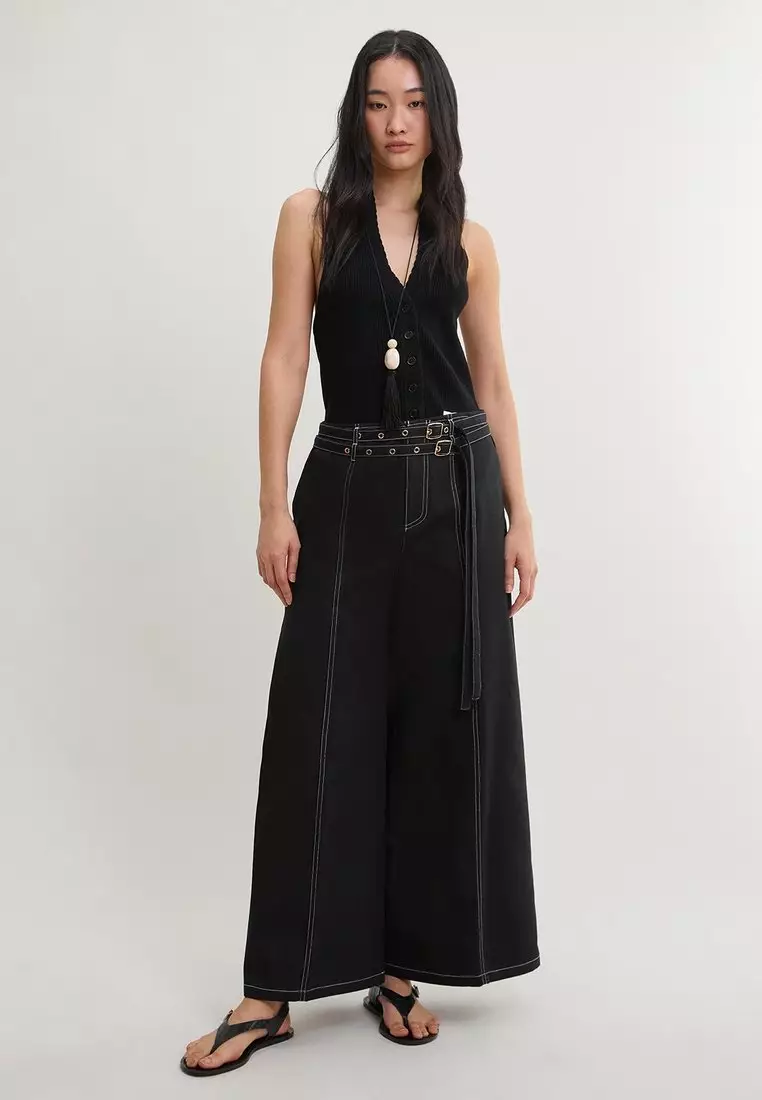 Mid Waist Belted Wide Leg Pants - Black
