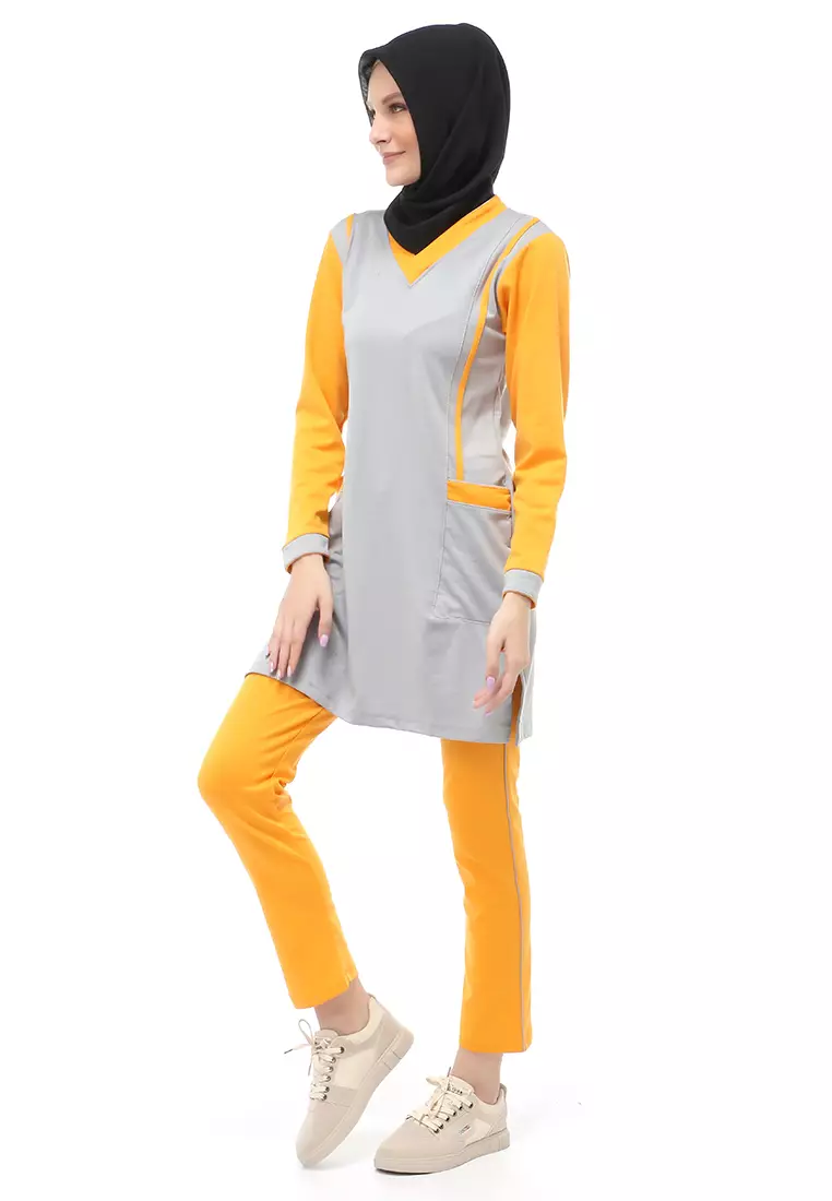 Kalila Baju Olahraga Atasan Bawahan Tunik Wanita Muslimah Relaxed Fit - GreyYellow