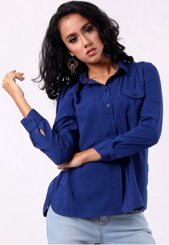 IVORY Navy blue regular shirt with pleats and pockets