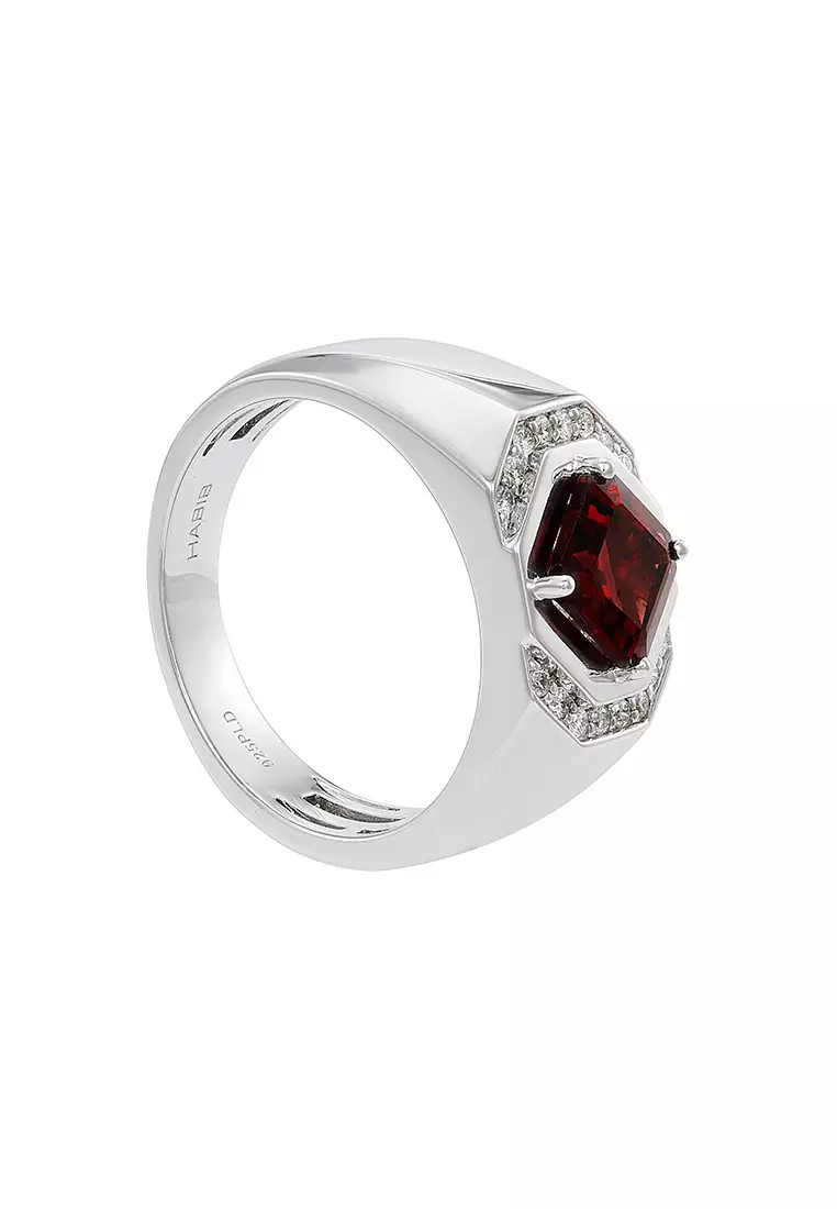 HABIB Square Garnet and Diamond Men's Ring in 925 Silver Palladium 271900125(PLD)-GARN