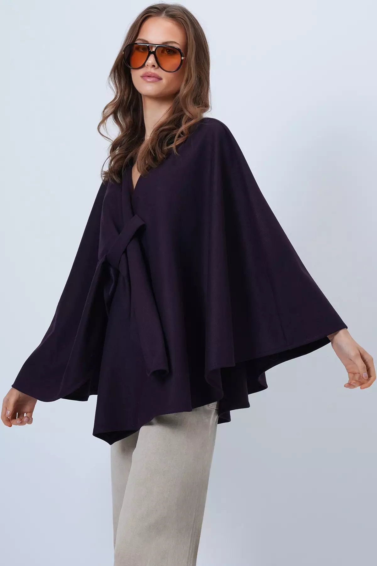 Women'S Purple Collar Design Knitwear Poncho Alc-X14672