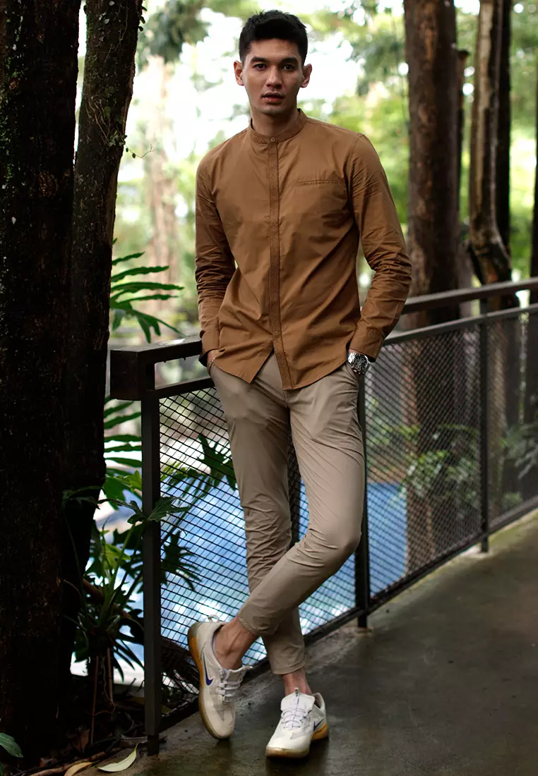 OXCON Kemeja Tangan Panjang koko bordir embrodiery collarless shirt Caramel