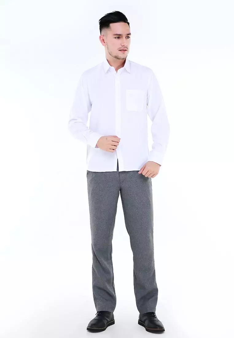 Dwan Atasan Kemeja Pria Formal Casual Longsleeve Plain Shirt Material Cotton ORIGINAL - White