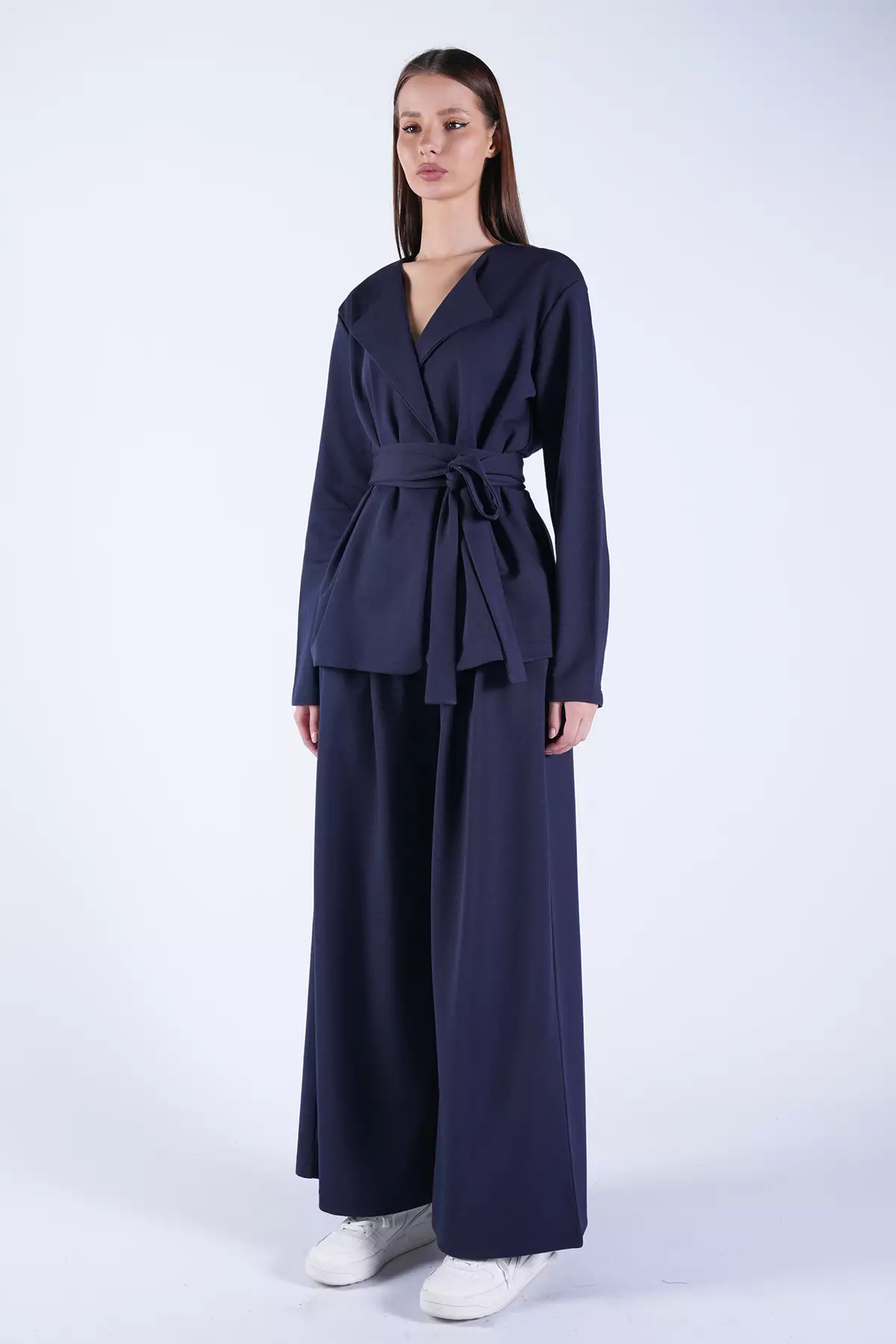 Women'S Navy Blue Self-Tie Belted Long Jacket And Double Pocket Trousers Set Alc-X15042