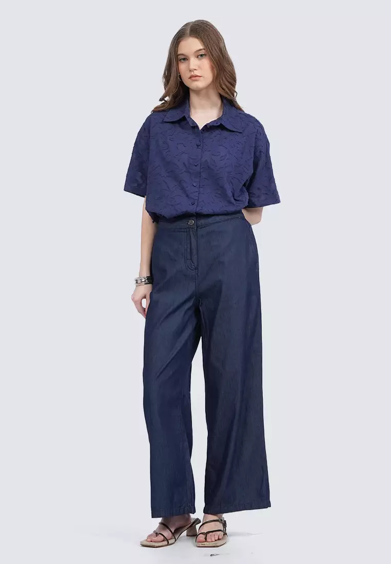 Wide Leg Chambray Pants DARK BLUE