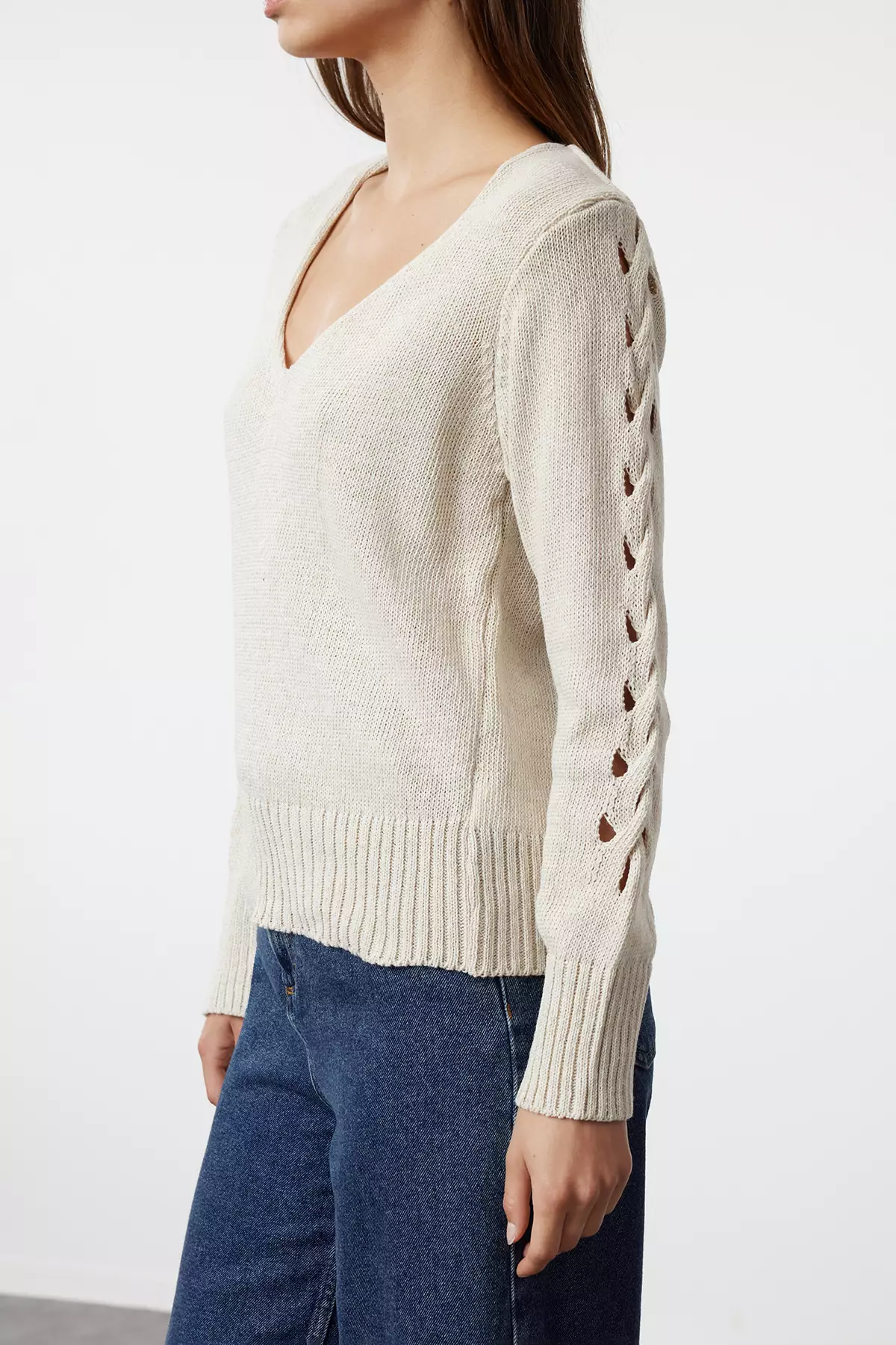 V-Neck Knitwear Sweater with Openwork/Perforations