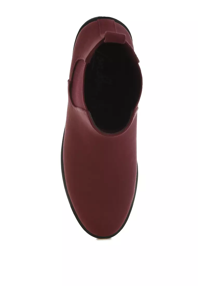 Sepatu bot Chelsea hak blok rendah warna Burgundy