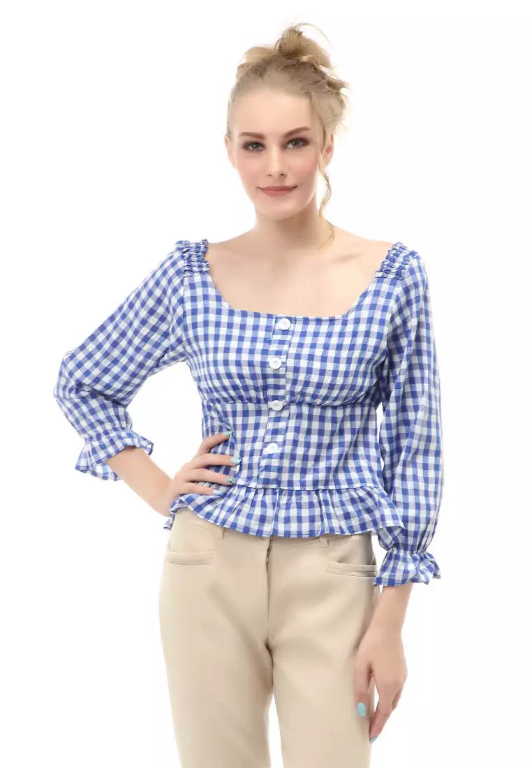 Cheva Top Blouse Atasan Wanita Kasual Motif Kotak Material Cotton ORIGINAL - Blue