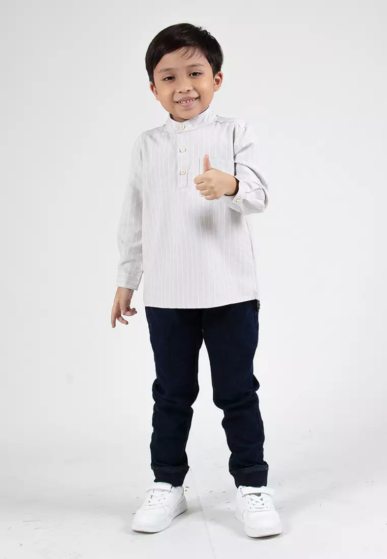 Forest Kids Boys Cotton Striped Long Sleeve Collar Shirt | Baju Kemeja Budak Lelaki Lengan Panjang - FK20262-05LtGrey