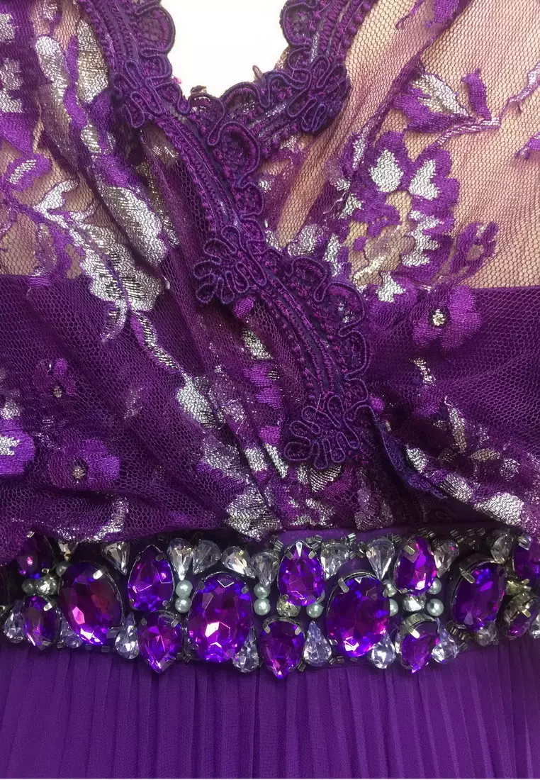 優雅蕾絲釘珠雪紡短袖晚禮服