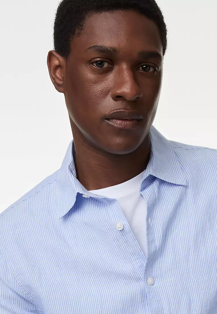 Cotton Linen Blend Fine Stripe Shirt