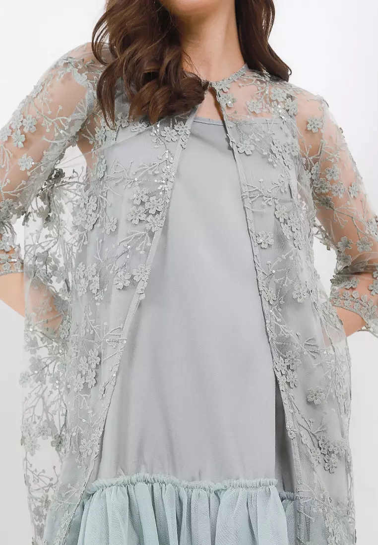 3/4 Sleeves Sequined Emb Mesh Outer W/ Tutu Hem Separate Cami Dress