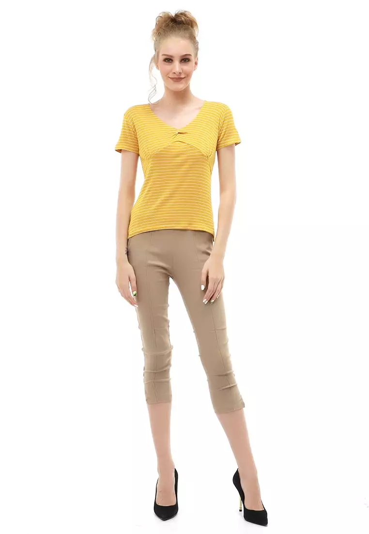 Genevie Blouse Kasual Wanita Lengan Pendek Model Salur Variasi Kerut Tengah Material Cotton ORIGINAL - Yellow