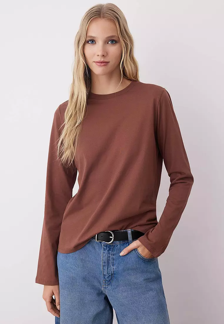Black-Ecru-Brown 3-Pack 100% Cotton Crew Neck Long Sleeve Oversize/Wide Cut Knitted T-Shirt