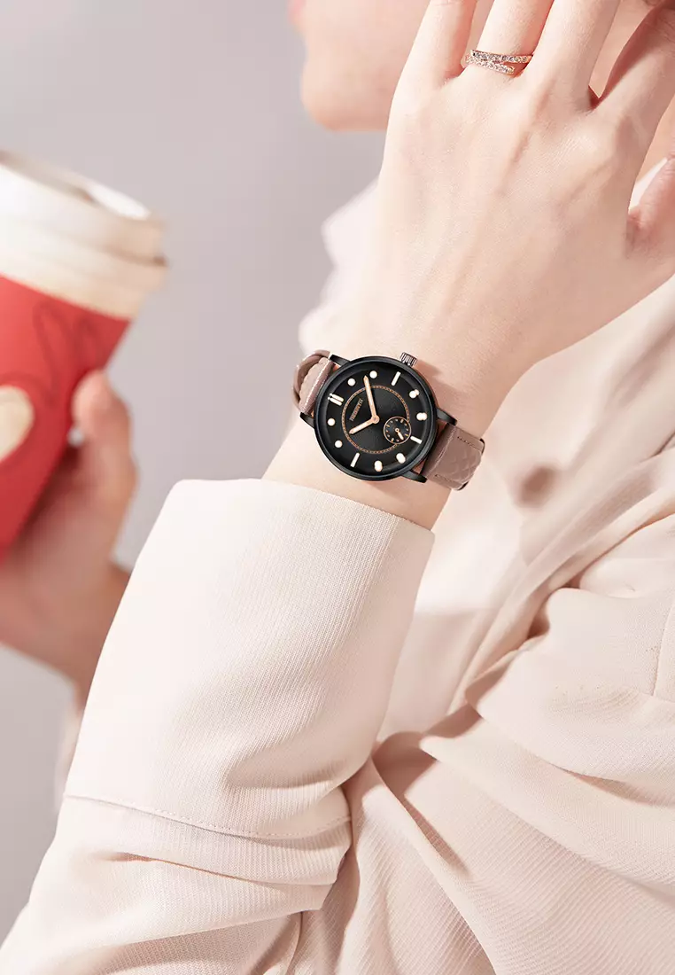 Jam Tangan Wanita Original Anggun Bercahaya Tali Kulit Mode Jam Tangan Cewek khakiblack