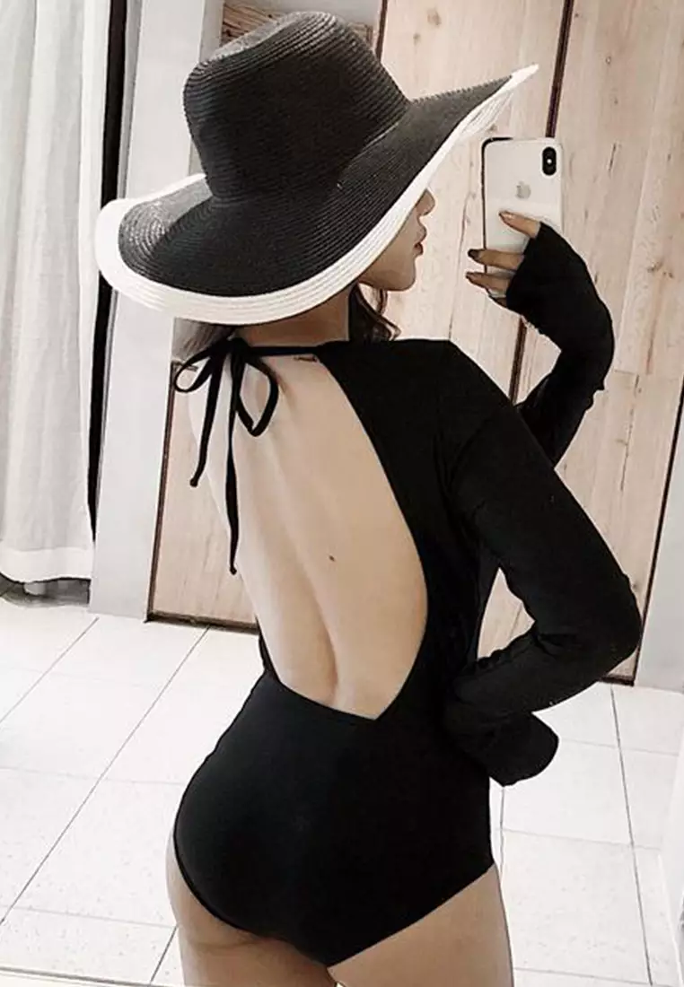 Conservative Long-Sleeved Belly-Covering Triangle One-Piece Swimsuit A22031729BK