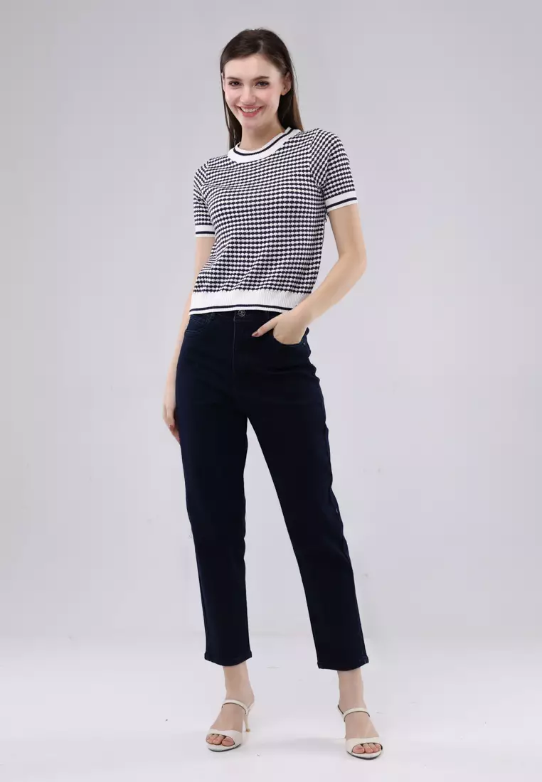 Jacquard Plain Knits Short Sleeves Blouse